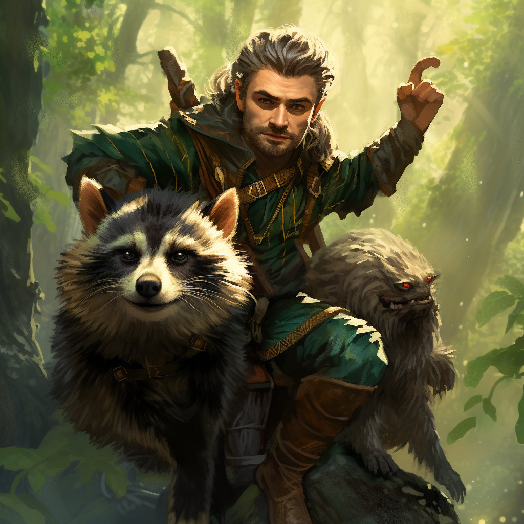 Male Windling Mage Riding Raccoon in Forest