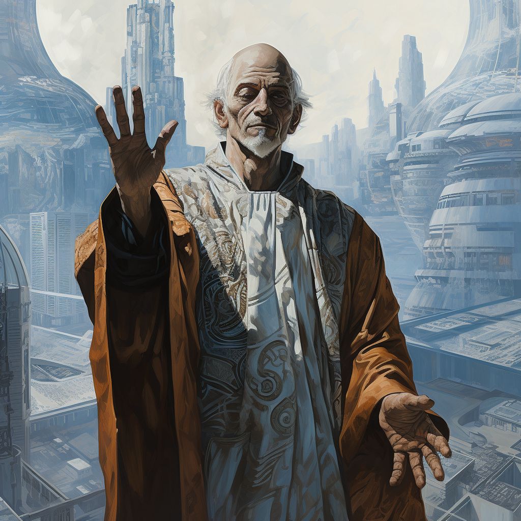 Smiling elderly man in sci-fi cityscape