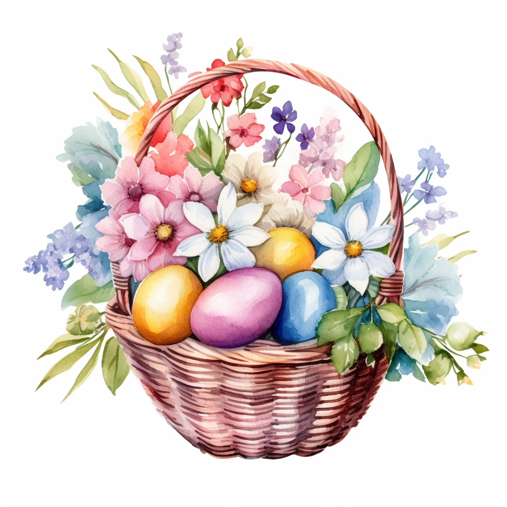 Watercolor Easter Basket with Flowers and Eggs