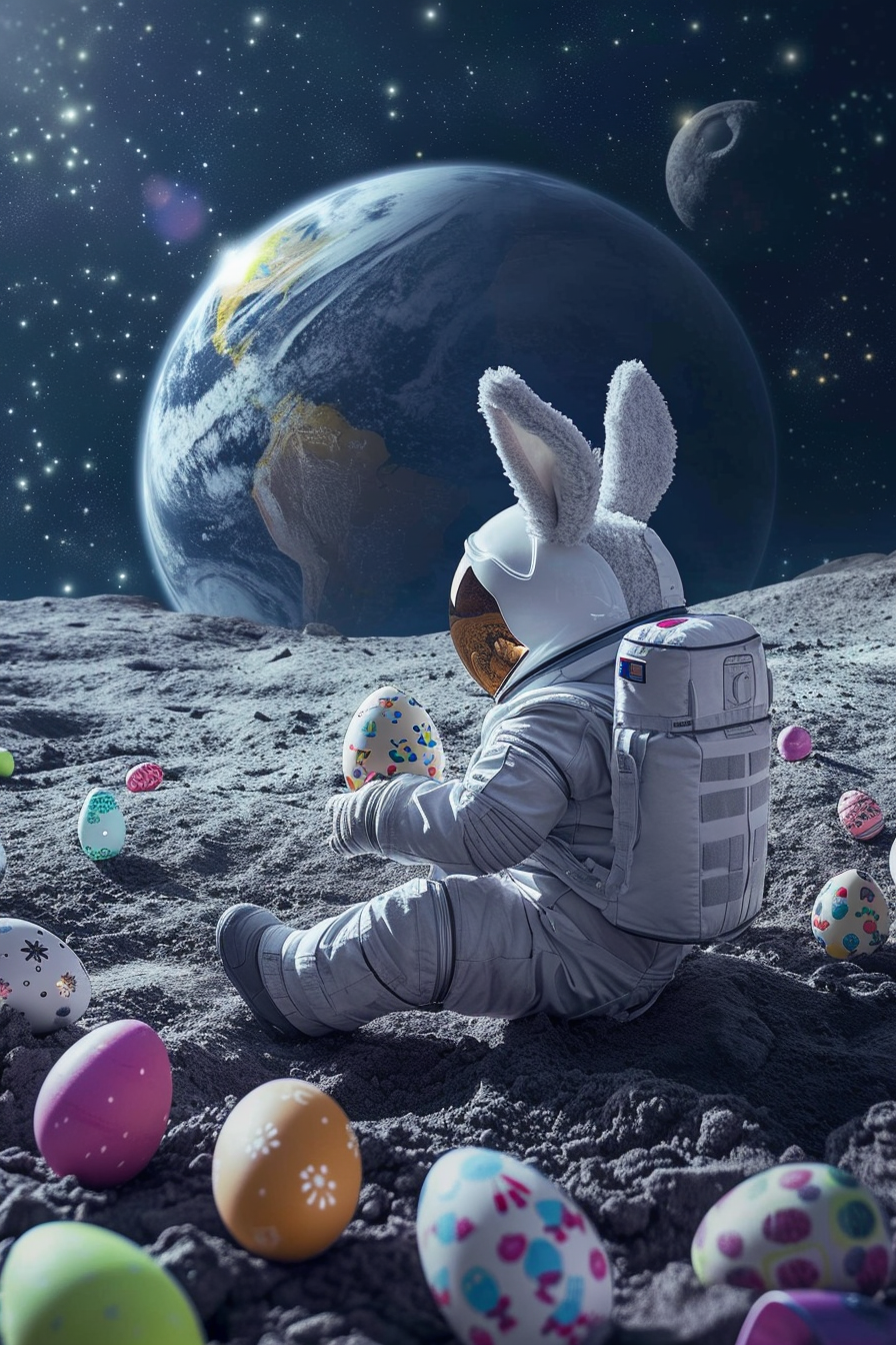 Easter Bunny in Spacesuit on Moon with Earth and Easter Eggs