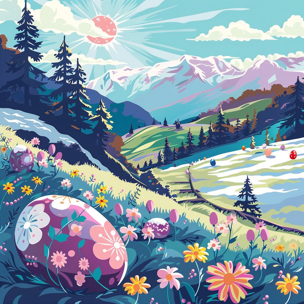 Easter eggs and flowers landscape