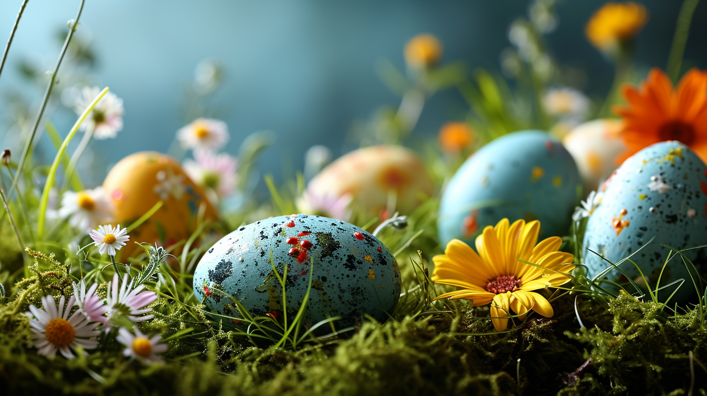 Colorful Easter egg decorations on lush green grass