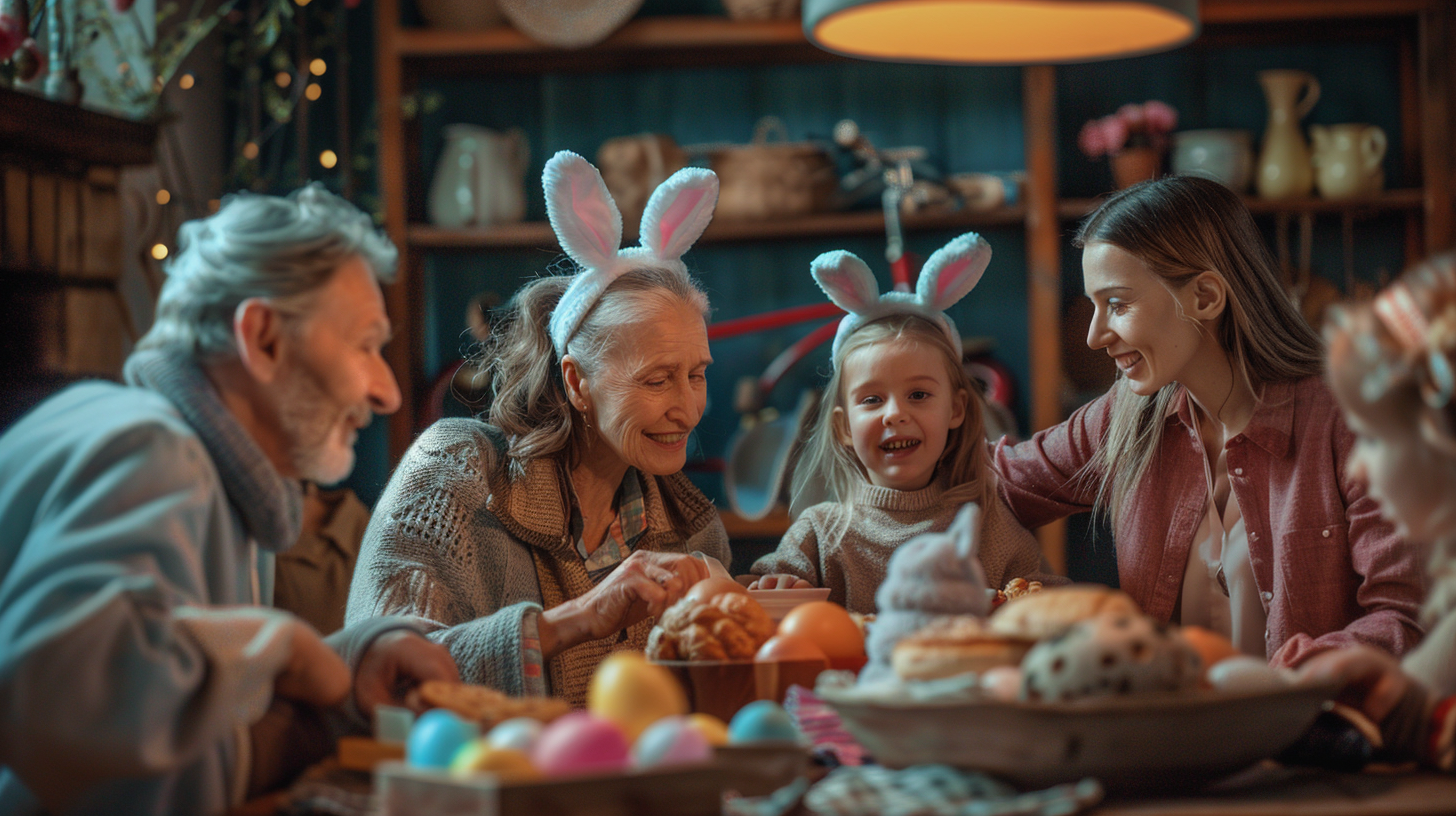 Caucasian Family Easter Dinner Table Bunny