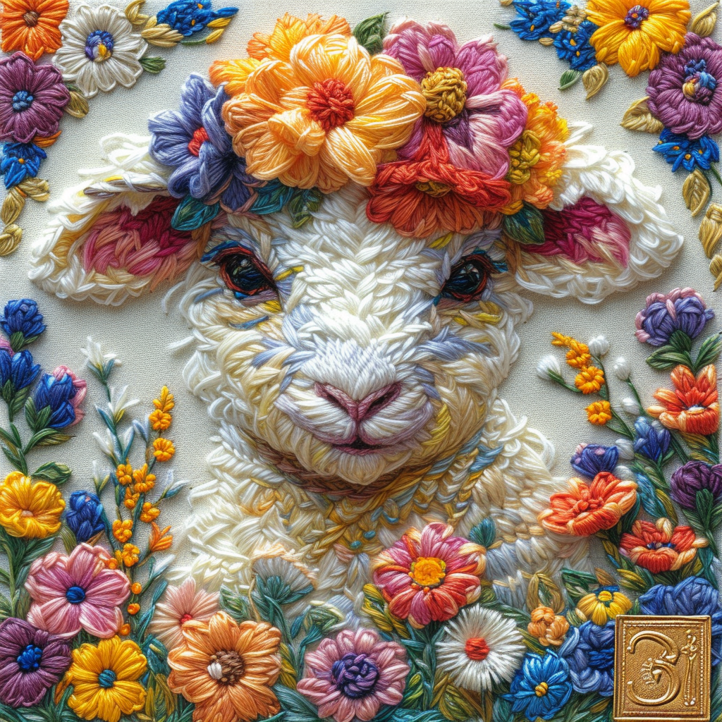 Easter Lamb with Colorful Embroidery on White