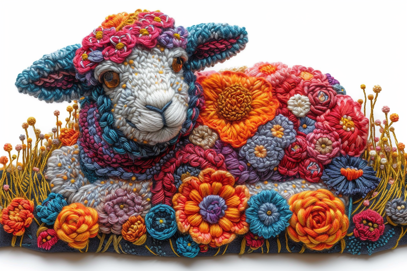 Easter lamb with bright colored embroidery on white background