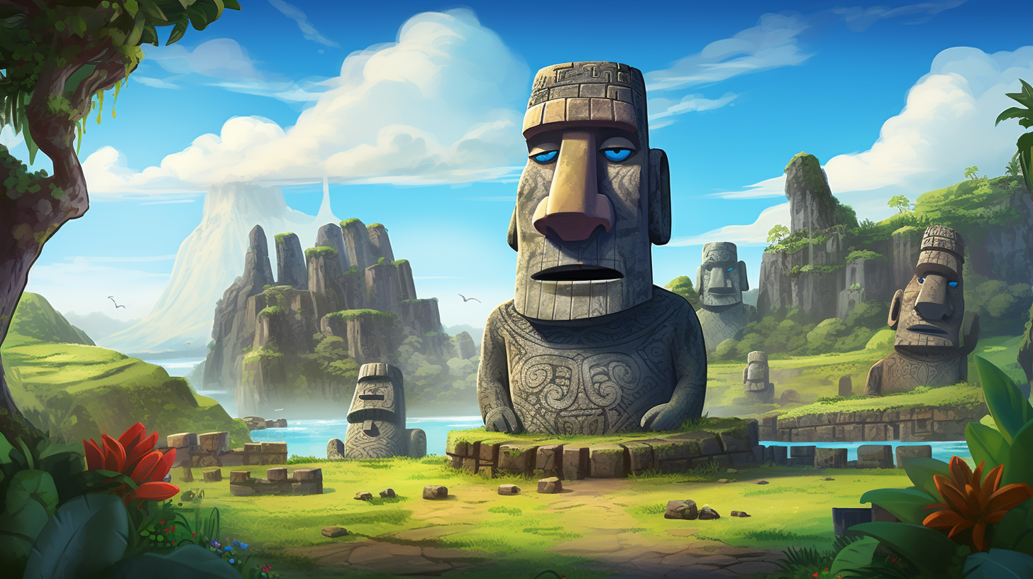 Easter Island character and architect in front of palace