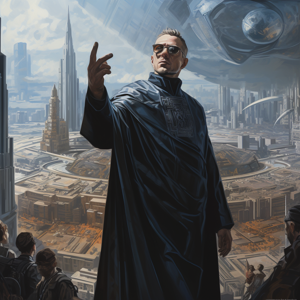 Eastern man pointing with reverence in sci-fi city