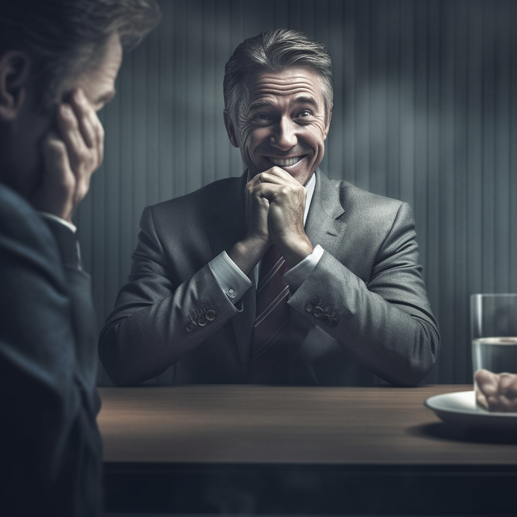 Businessman eavesdropping on meeting with evil grin