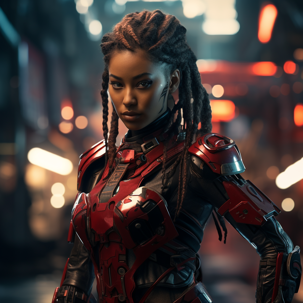 Ebony female warrior in cyberpunk suit