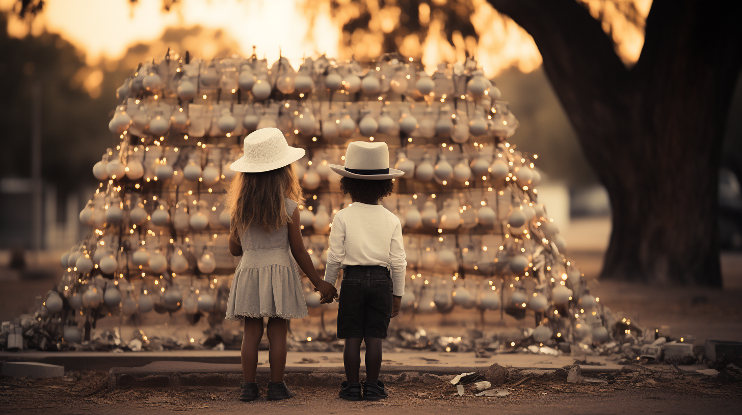 Quirky children decorating Christmas tree