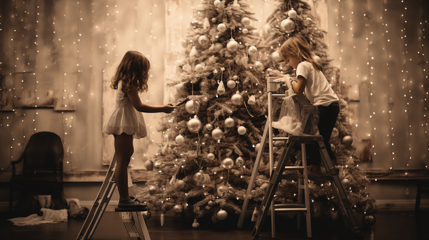 Eccentric children decorating outdoor Christmas tree