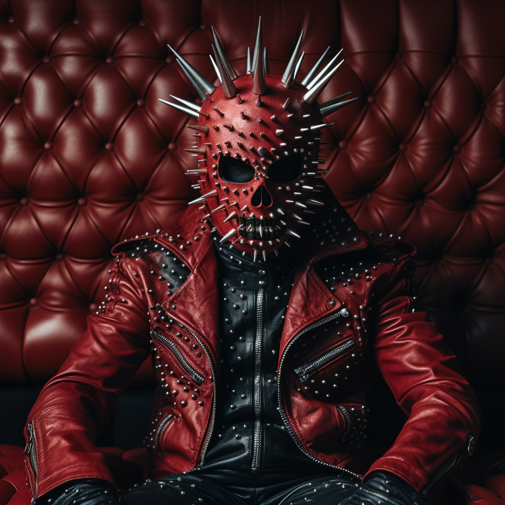 Rockstar wearing eccentric crimson leather outfit and black punk mask