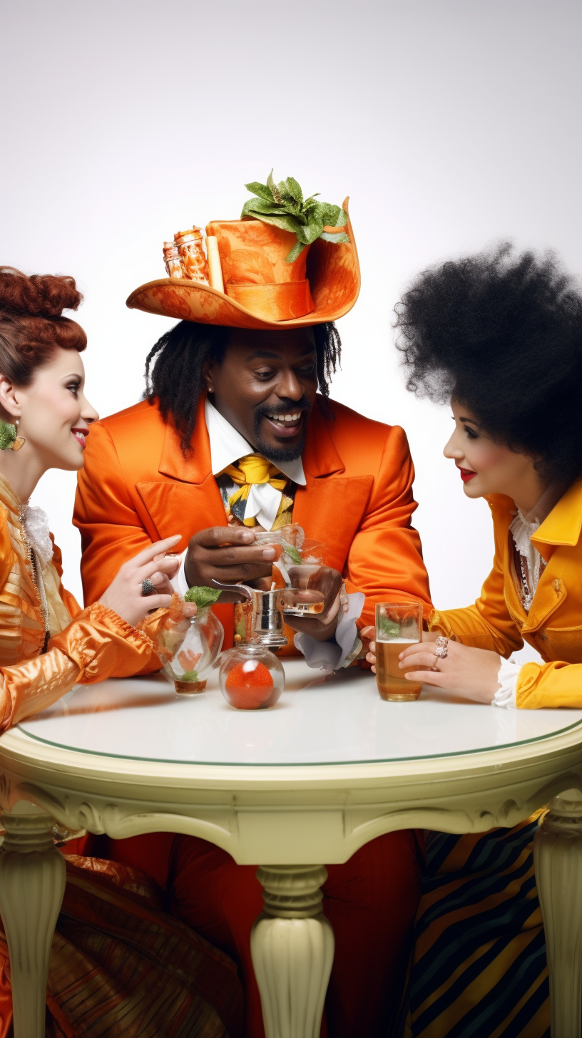 Four individuals drinking orange-infused rum and smiling