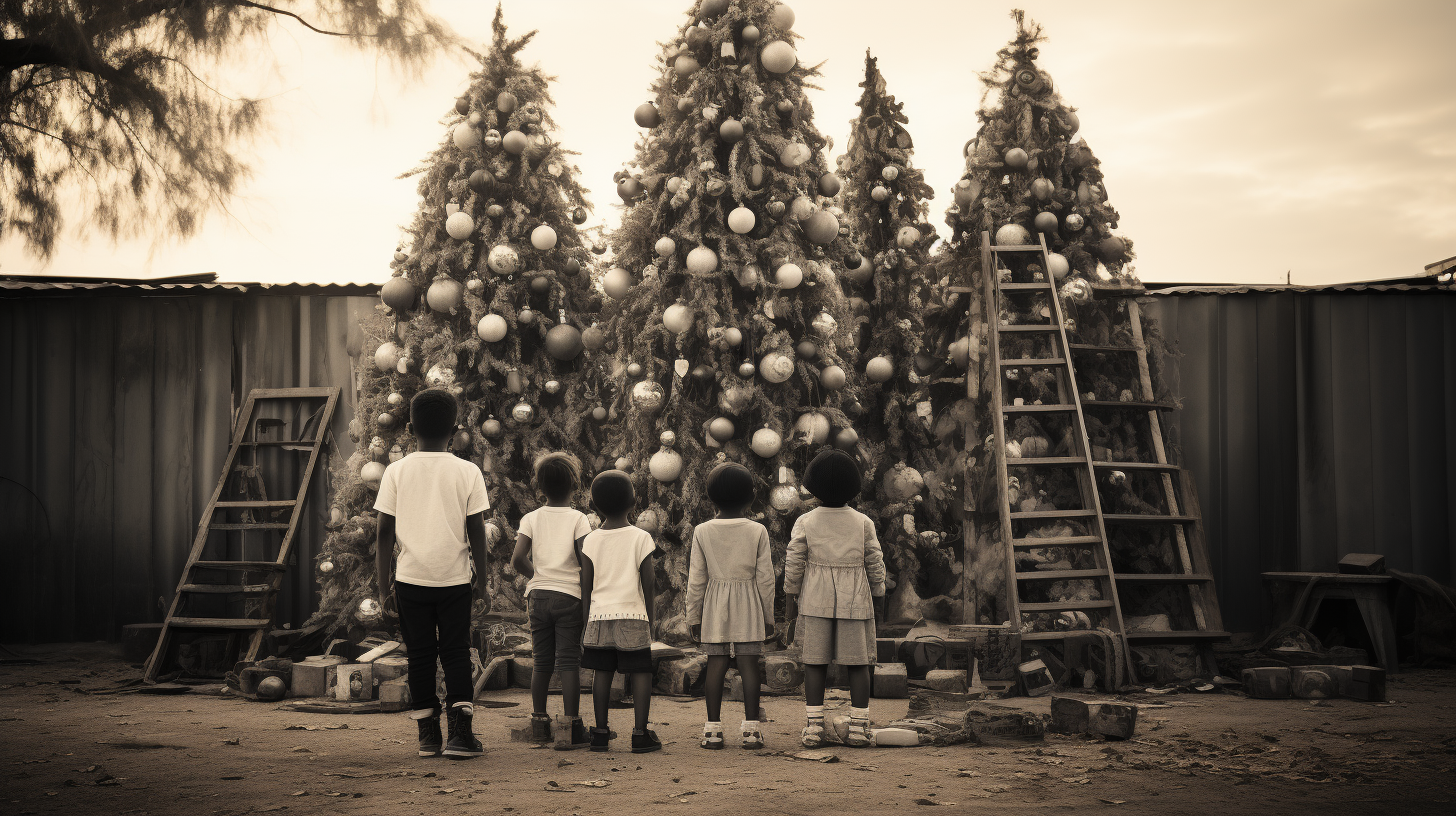 Quirky Children Decorating Christmas Tree Image