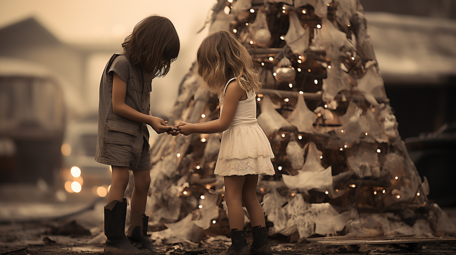 Children decorating outdoor Christmas tree in a quirky way