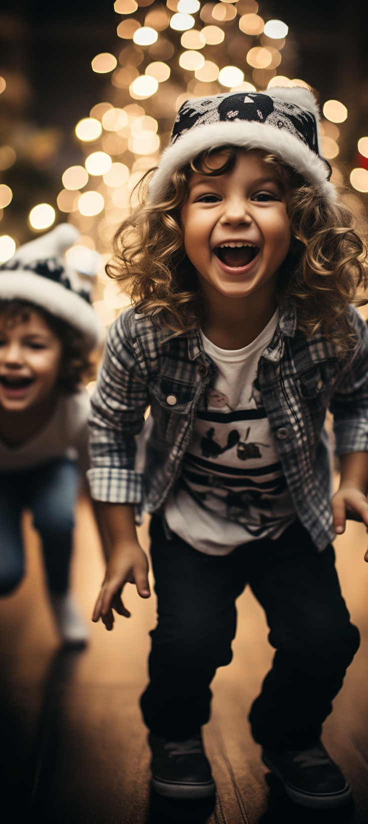 Whimsical children dancing around Christmas tree