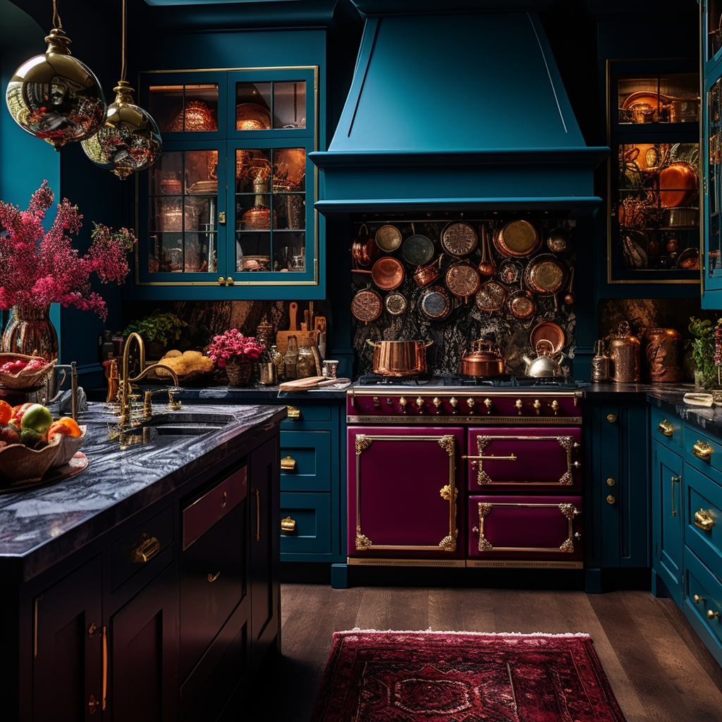 Eclectic vibrant kitchen with deep jewel-toned décor