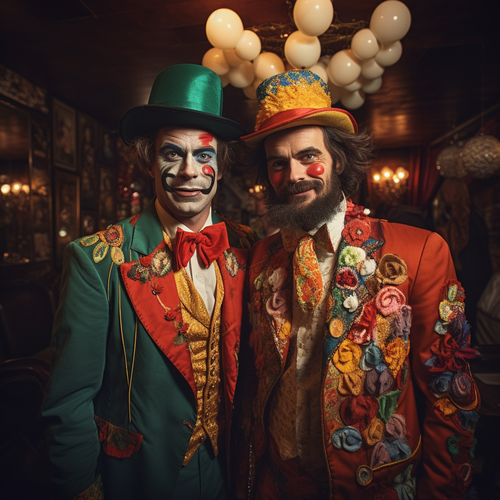 Two men in disguise at eclectic circus theme party