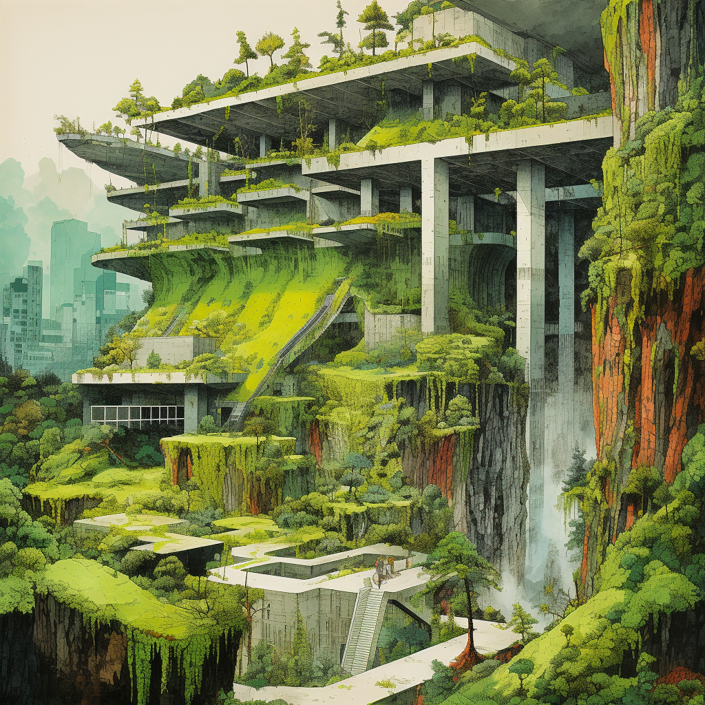 Fantasy Eco-Brutalist Mountain City Drawing