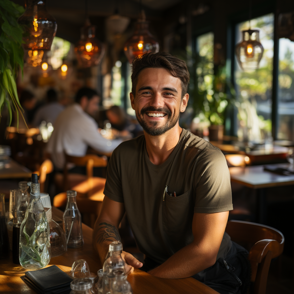 Smiling restaurateur in ecofriendly restaurant