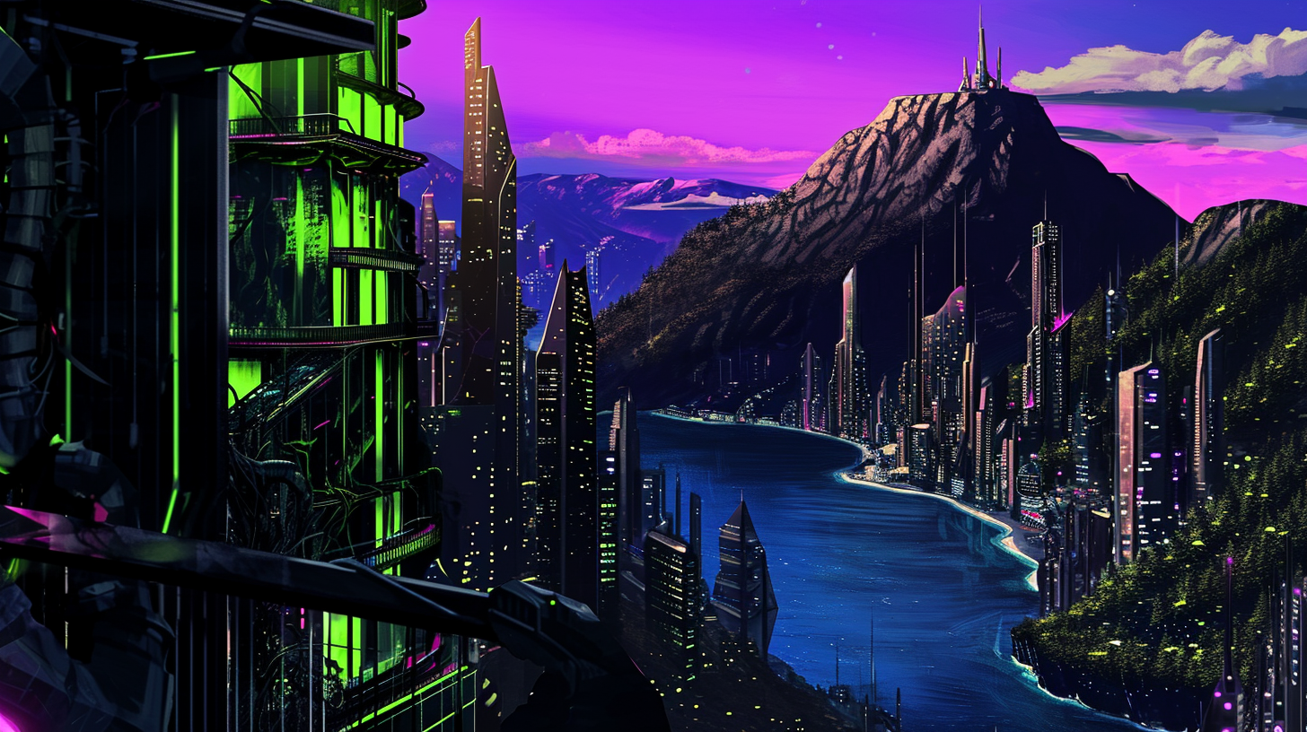 Ecopunk Metropolis Dusk with Mountains and Ocean