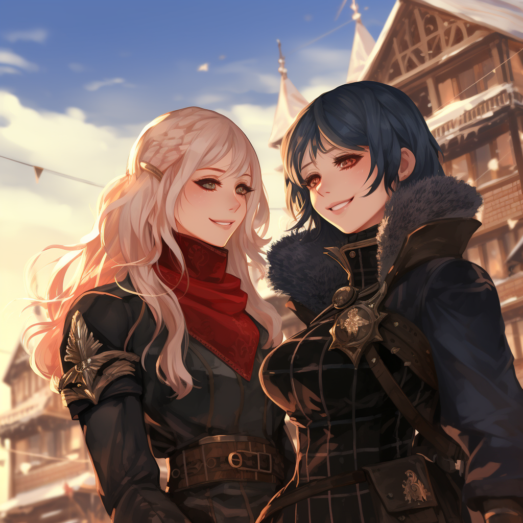 Edelgard and Female Byleth ice skating in winter