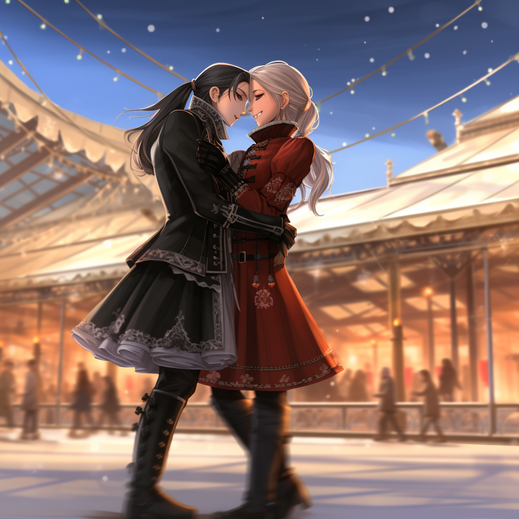 Edelgard and Female Byleth ice skating together