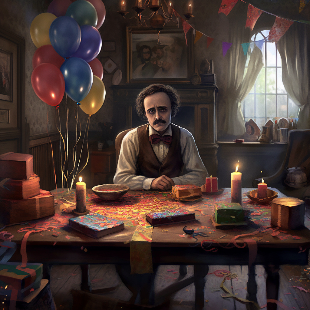 Edgar Allen Poe with Balloons and Confetti