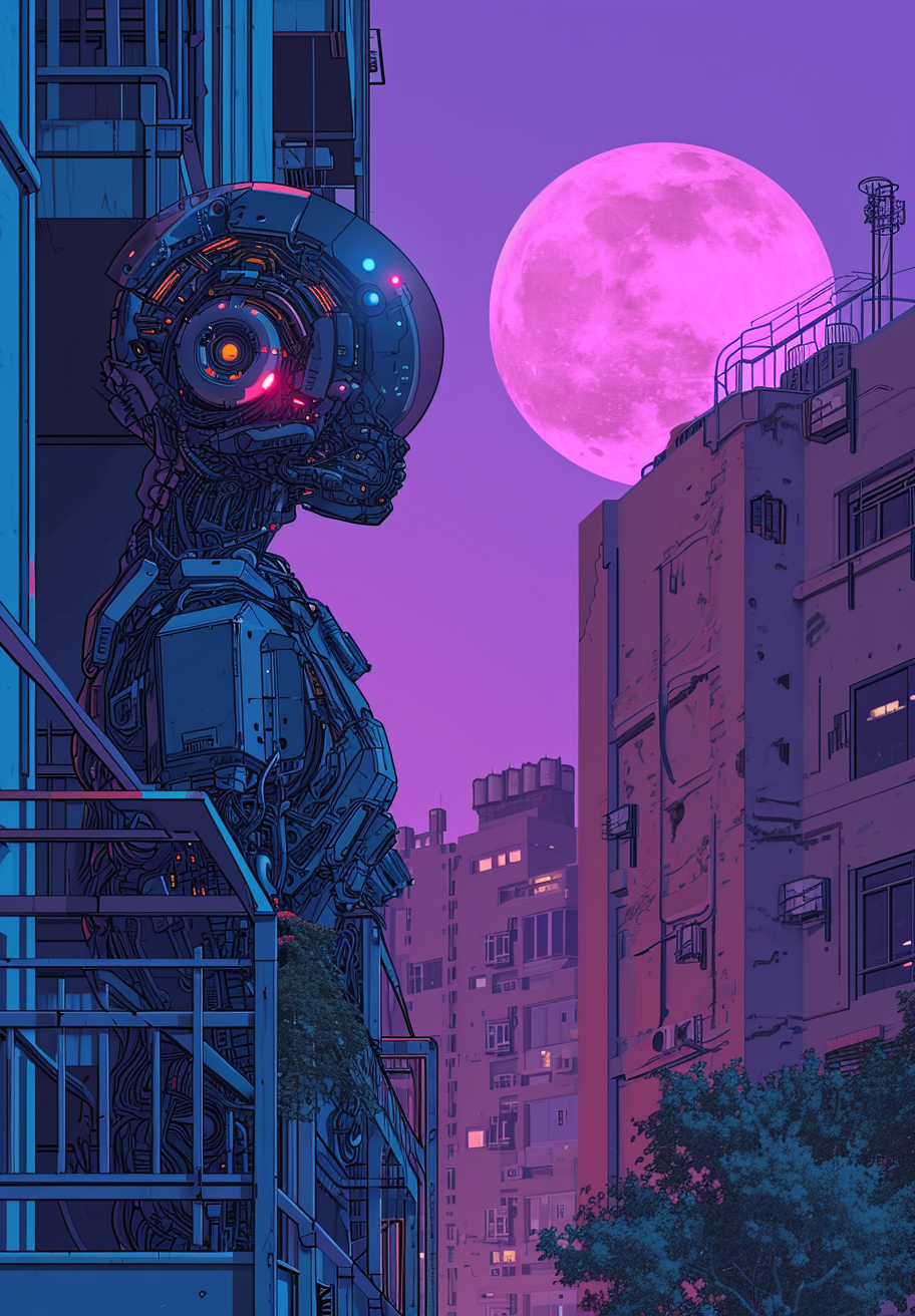 Cybernetic Edgerunner on Hotel Balcony with Purple Moon