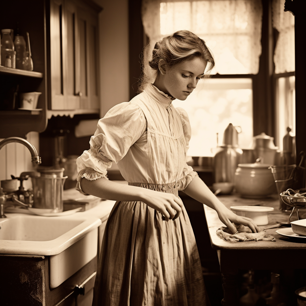 Edwardian housemaid cleaning a kitchen