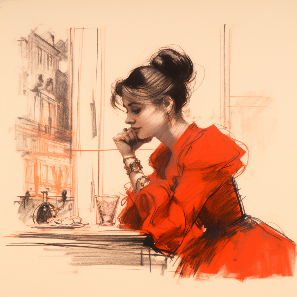 Red Ink Drawing of Edwardian Lady in Paris Cafe