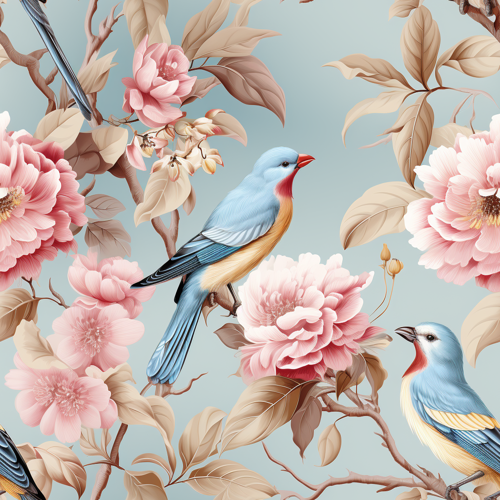 Edwardian Style Wallpaper Texture - Light Blue, Pink, 5 Birds