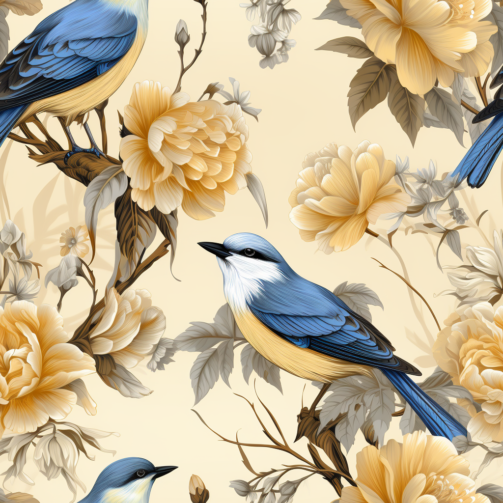 Edwardian Style Wallpaper Texture with Yellow and Blue Colors and 6 Birds