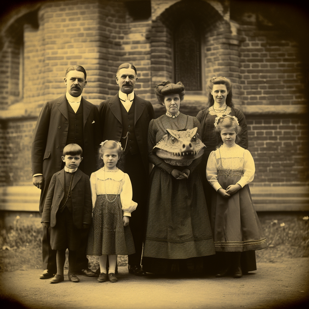 Vintage photo of Edwardian British royal family with alligator heads