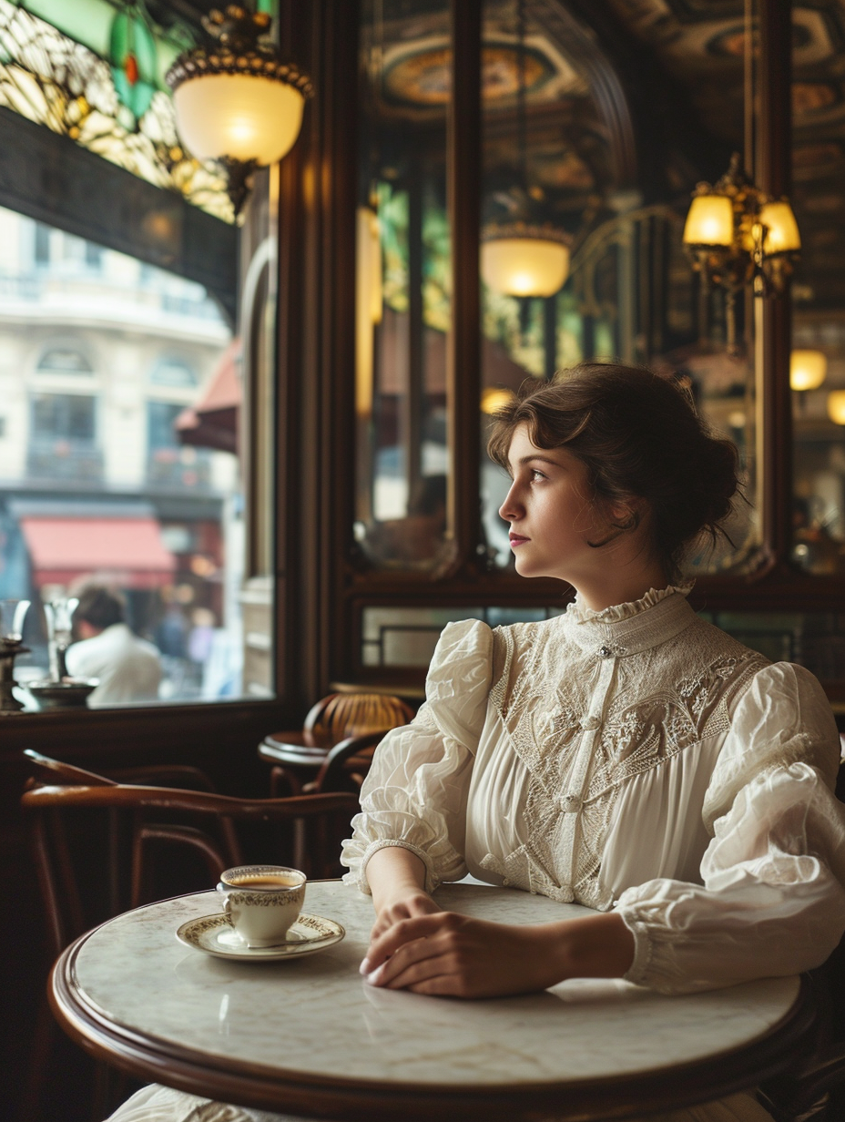 Edwardian woman in an Art Nouveau Paris cafe