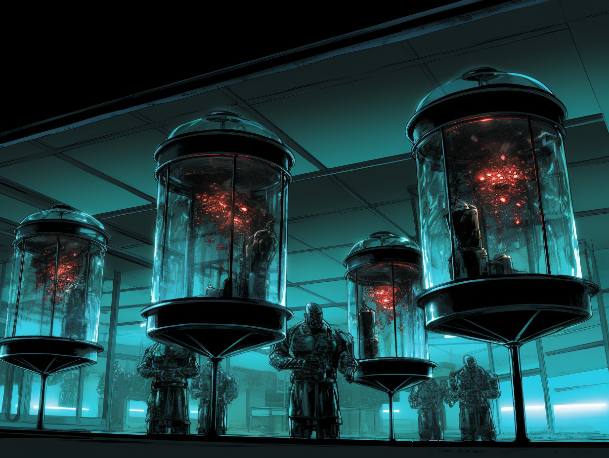 Eerie lab with cybernetic soldiers in fluid-filled cylinders