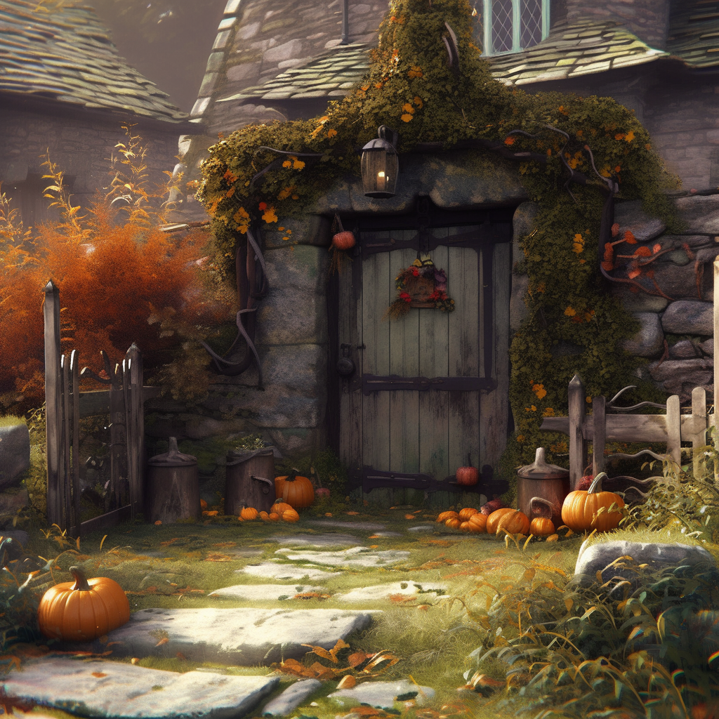 Eerie stone cottage in autumn