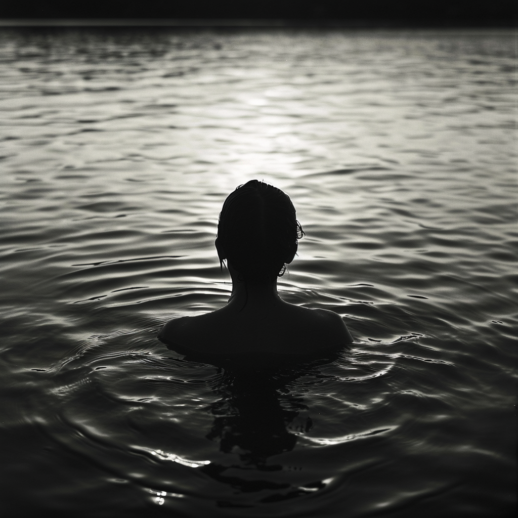 Silhouette emerging from rippling water surface