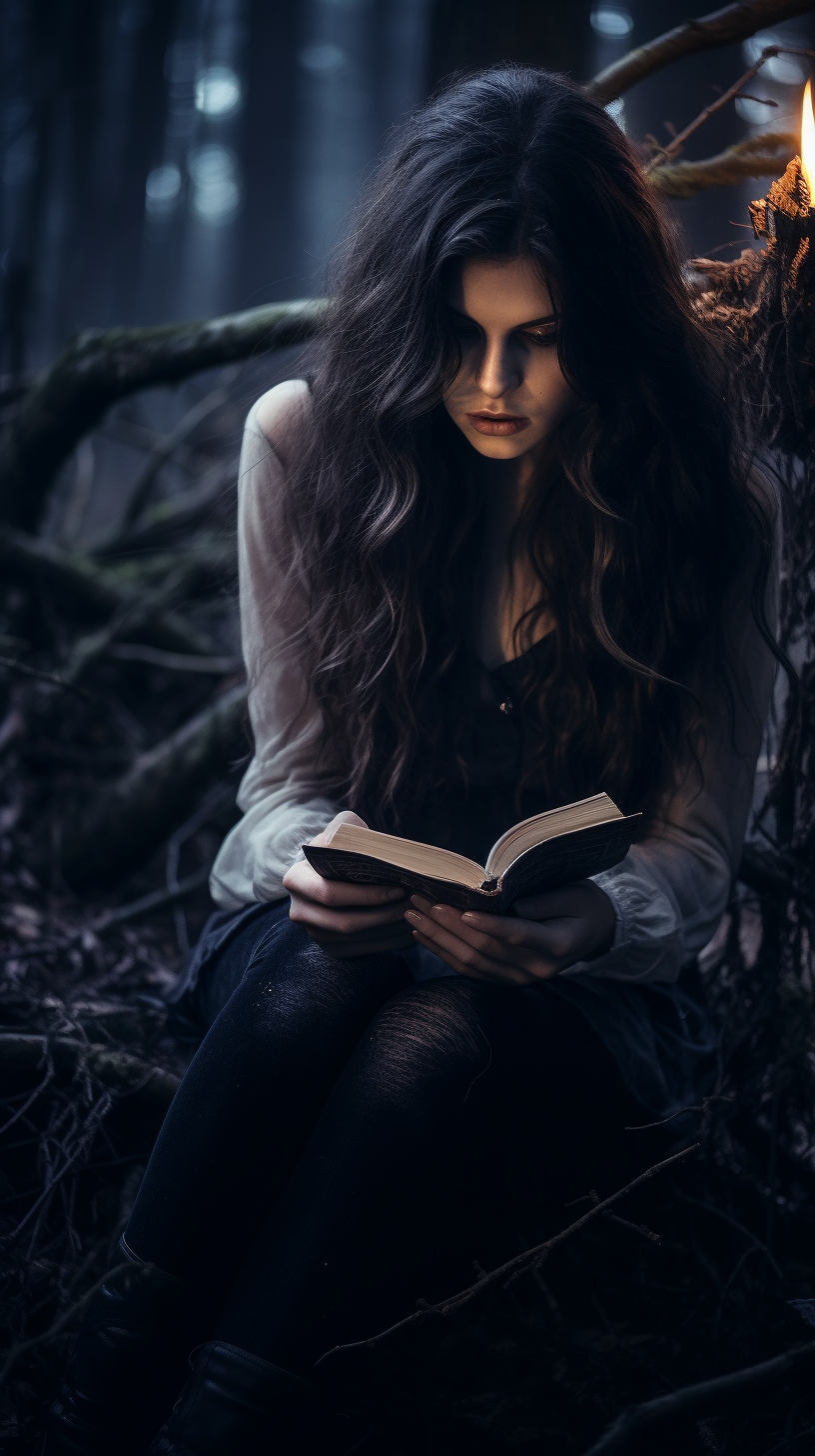 Young witch with torn notebook in dark forest