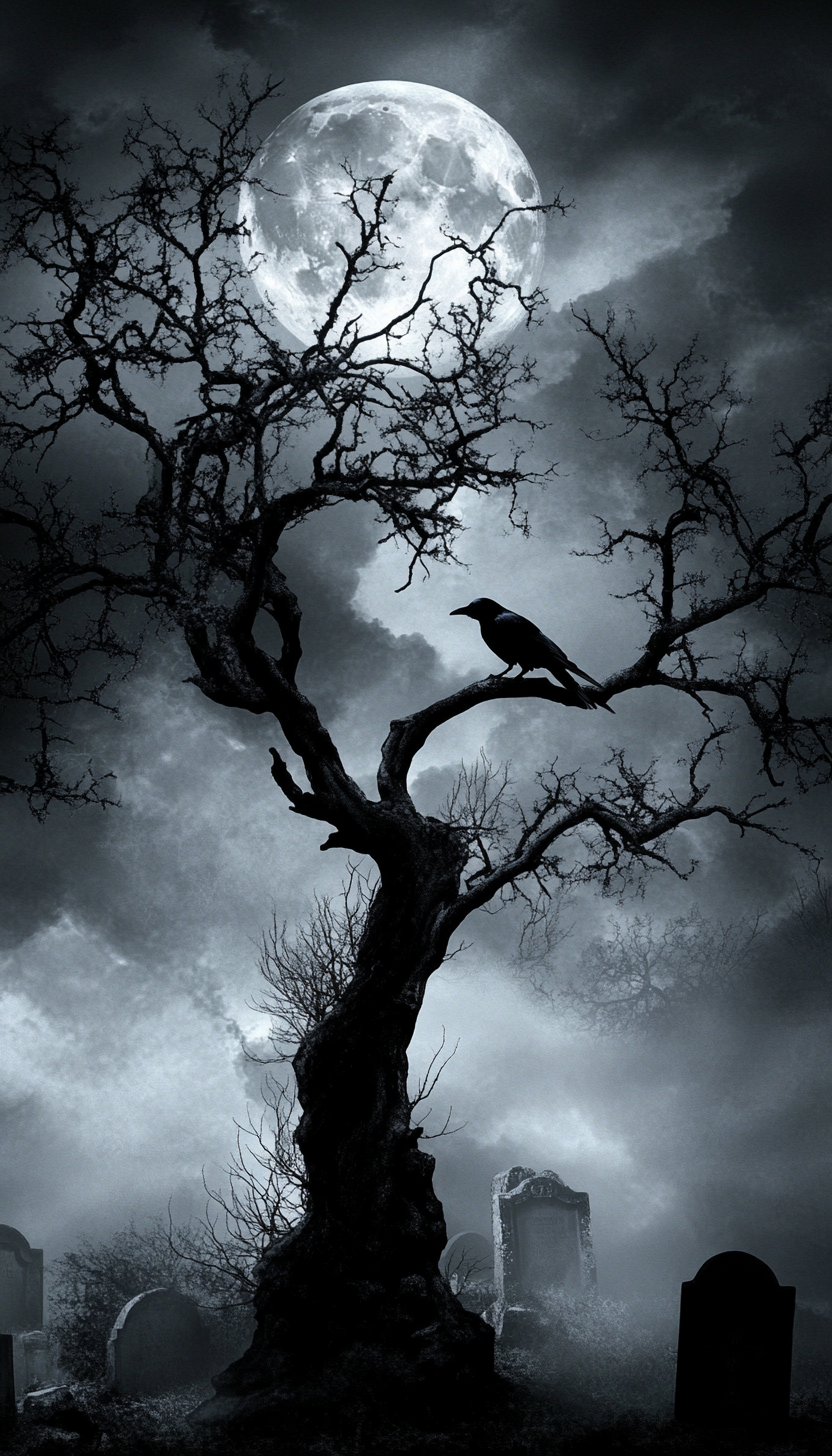 Raven perched on spooky tree