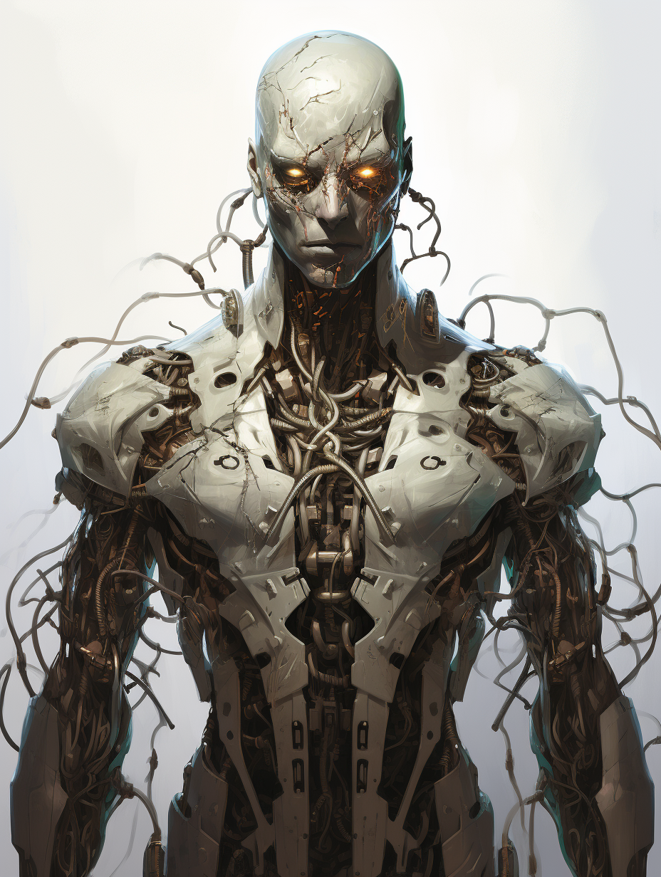 Eerie humanoid with cybernetic parts in comic book style