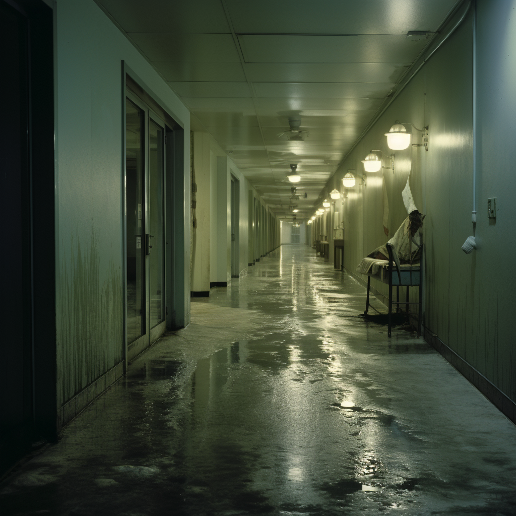 Spooky hospital hallway at night