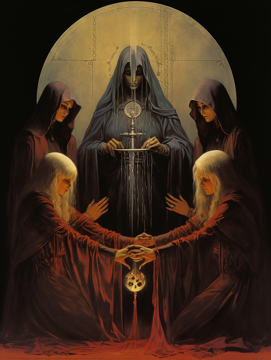 Three sisters of fate with golden thread and scissors