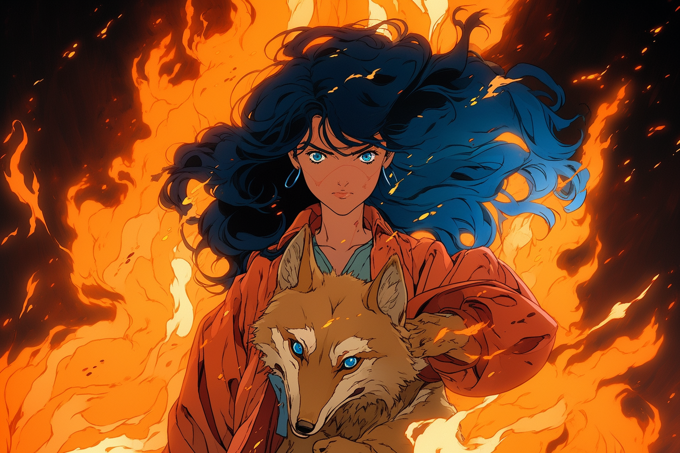 Eerie Woman with Periwinkle Blue Hair and Fox