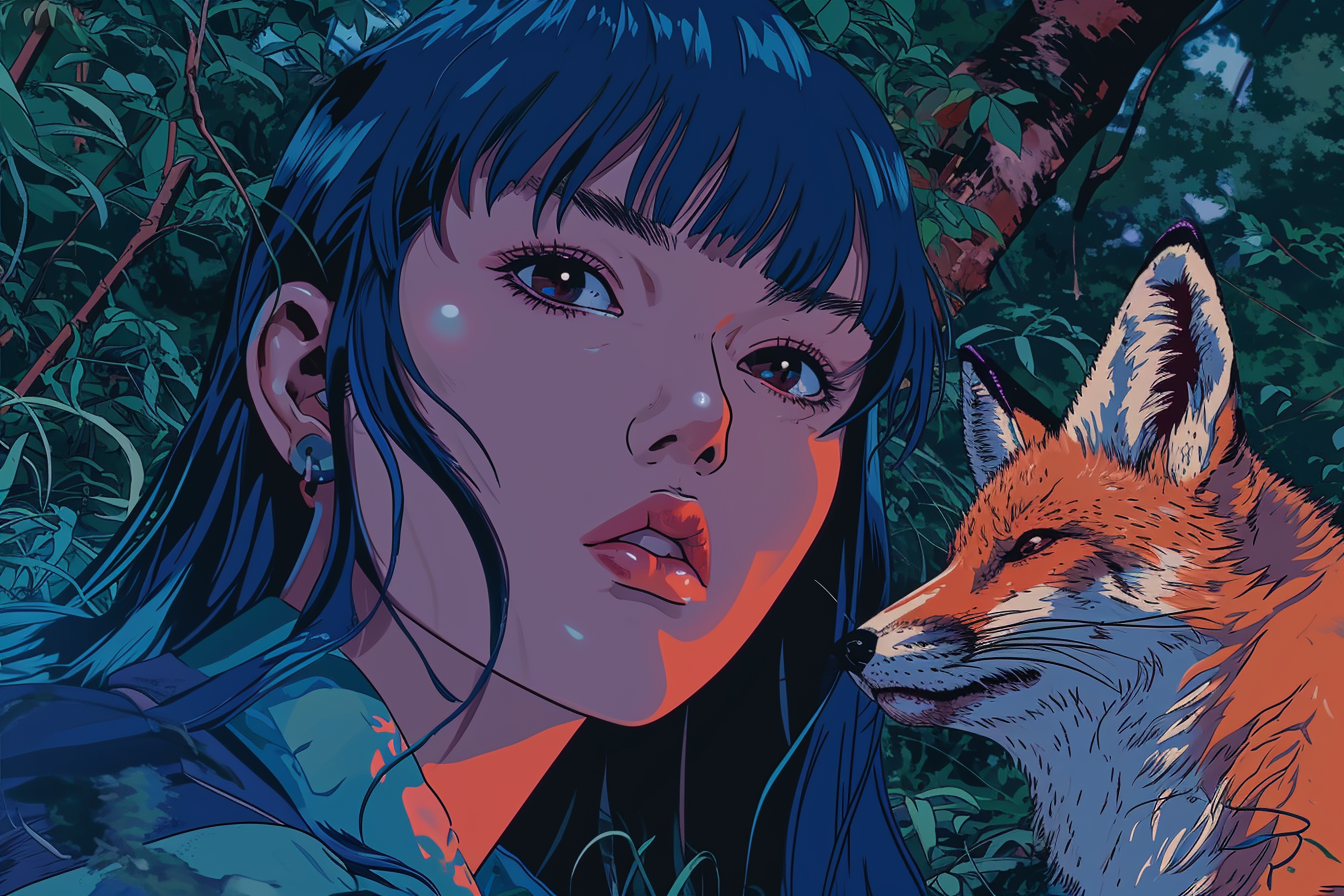 Eerie woman with blue hair and a fox