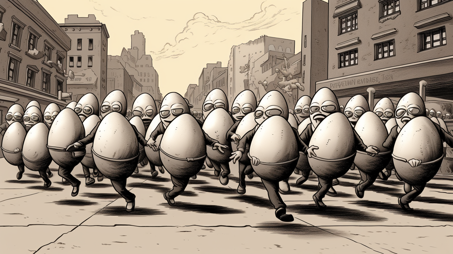 1950s comic book style egg henchmen street scene