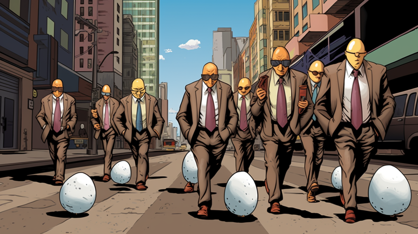 Egg henchmen in 1950s comic book style street scene