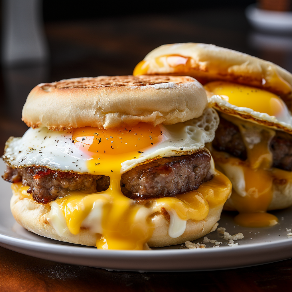 Breakfast sandwich with egg, sausage, and cheese