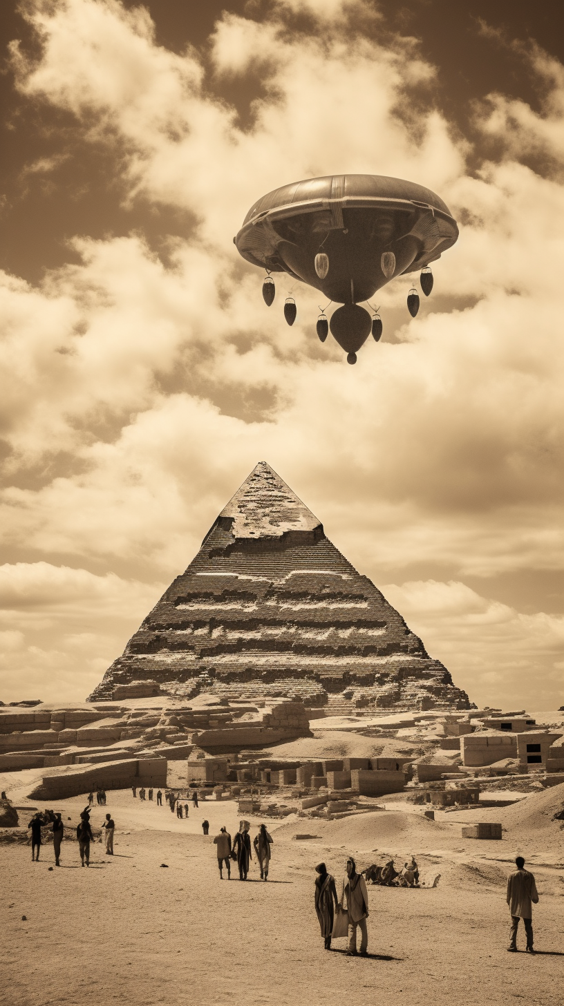 Black and white photo of ancient Egypt with steampunk robots and UFOs