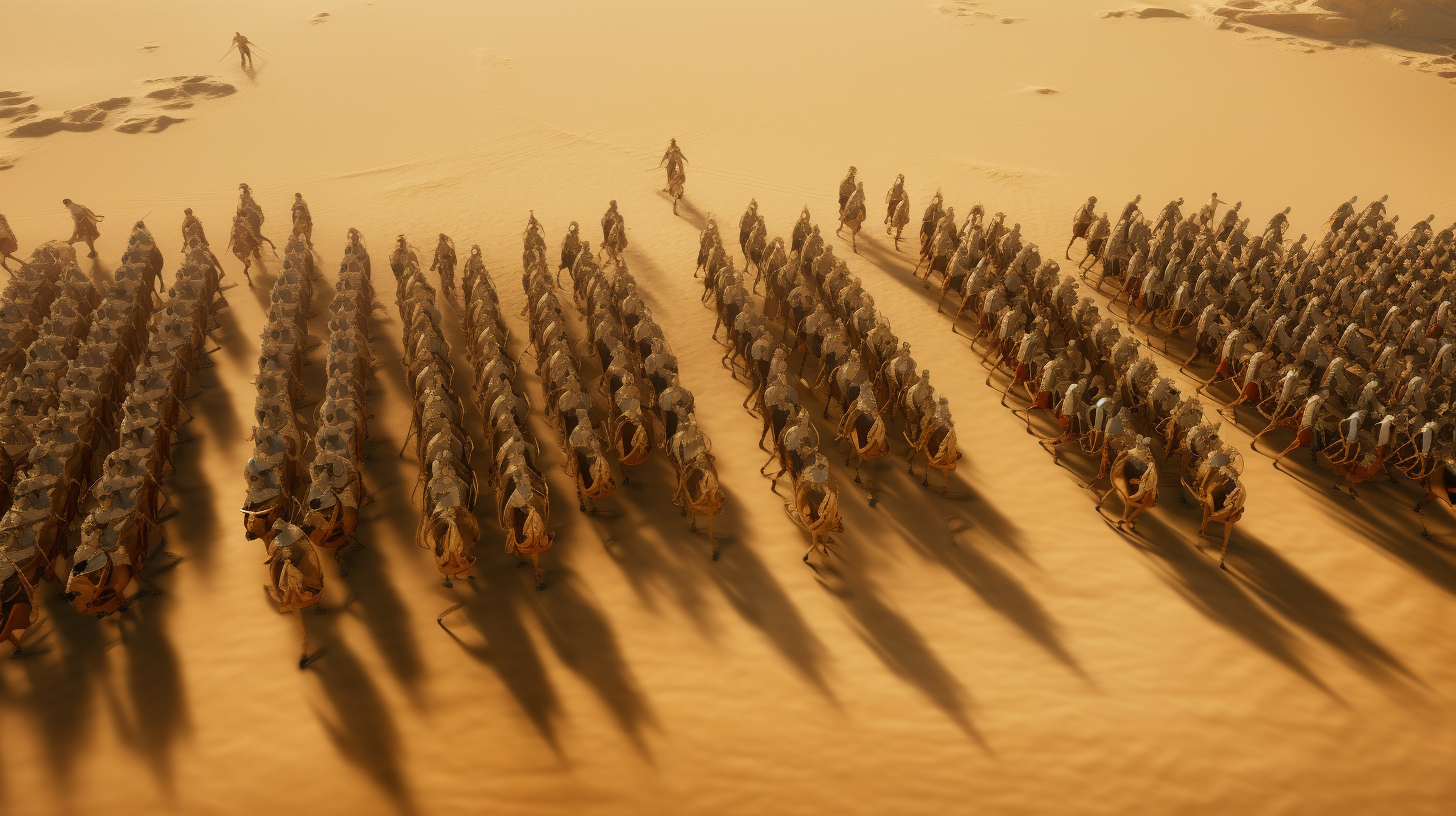 Ancient Egyptian army in formation with golden chariots